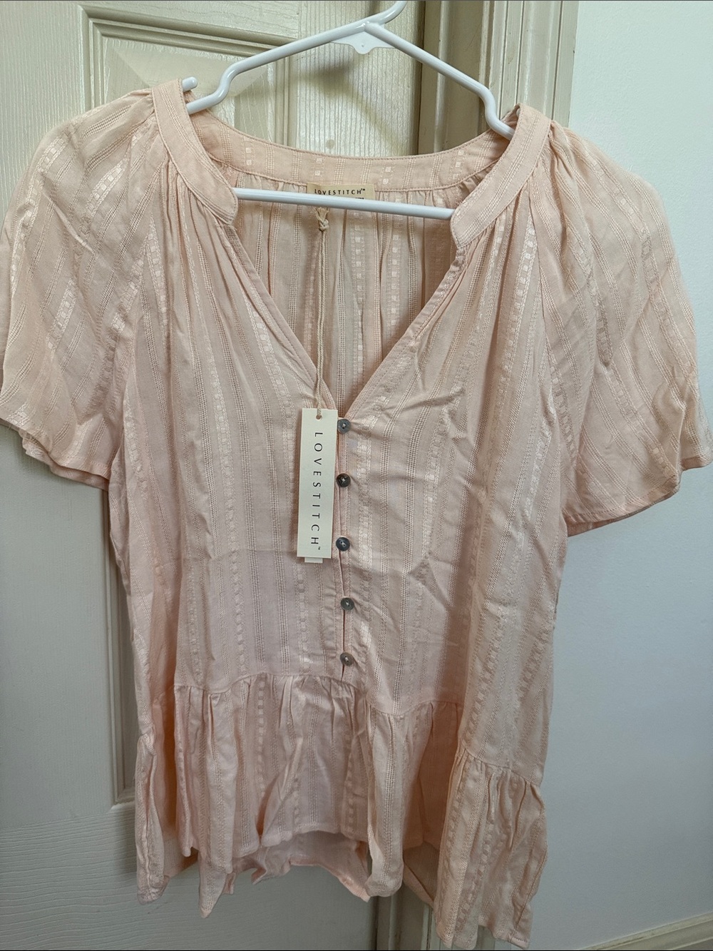 lovestitch Blush Pink Button-Front Peplum Blouse